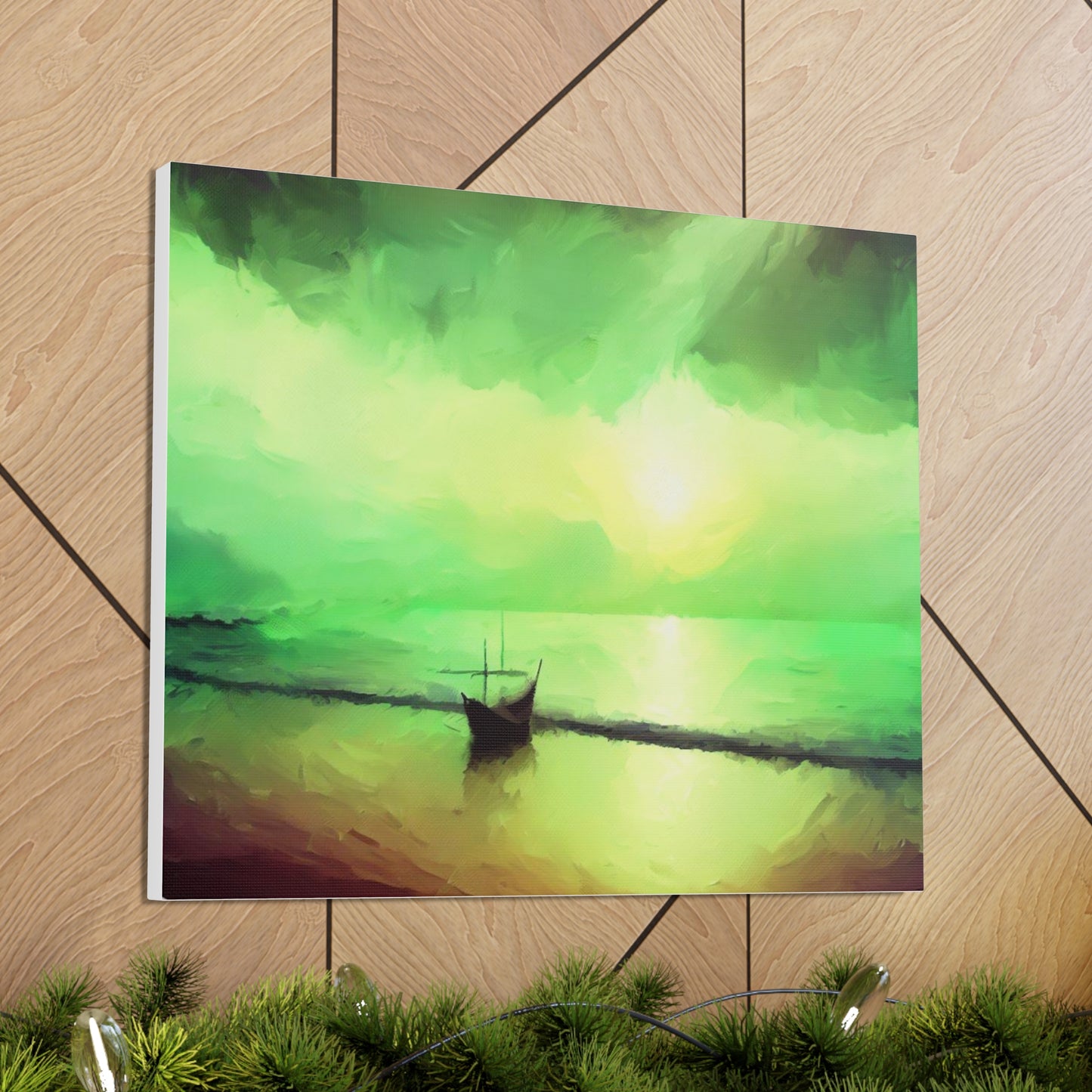 Sailboat Beach, Green Sunset, Beach wall art, sunset art, ocean art, Canvas Gallery Wraps