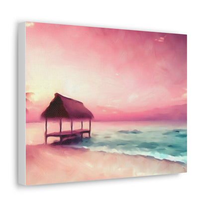 Pink Sunset, Beach Hut, Beach wall art, Sunset art, ocean art, Canvas Gallery Wraps