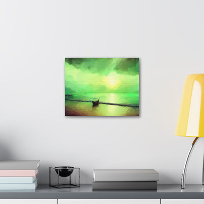 Sailboat Beach, Green Sunset, Beach wall art, sunset art, ocean art, Canvas Gallery Wraps