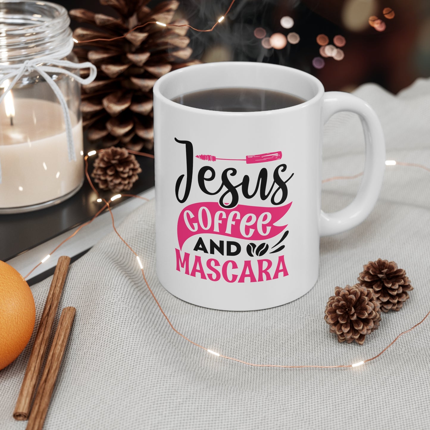 Jesus Coffee and Mascara, Personalized Mug Designs, Creative Coffee Cups, Unique Mug Artwork, Printed Coffee Mugs, Artist-Designed Mugs