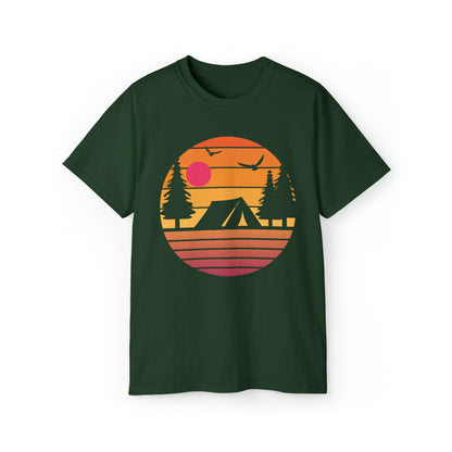 Sunset Camping Silhouette | Hiking & Camping Tee | Nature-Inspired Outdoor Apparel Forest Green