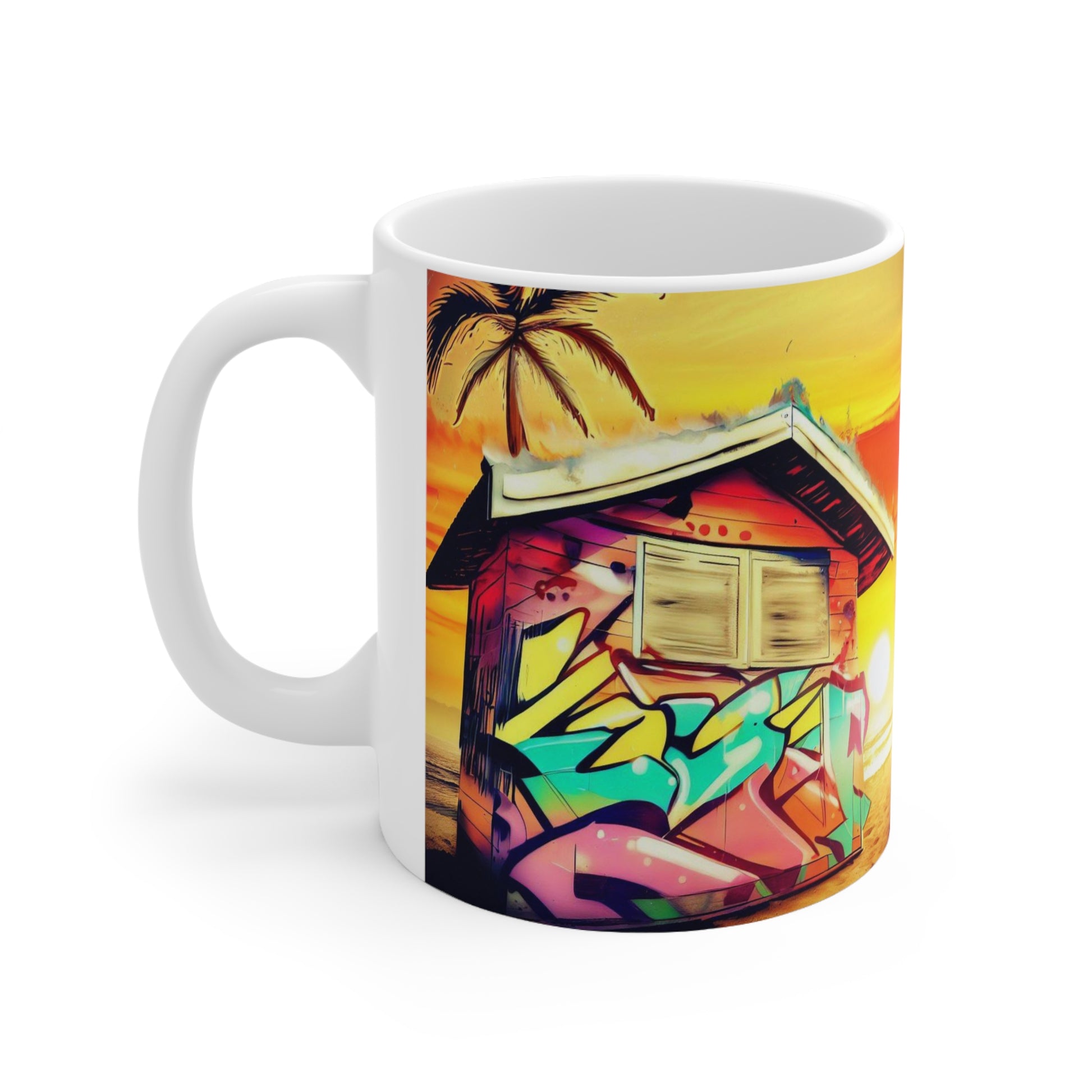 Sunset Hut Mug, Beach Mug, Personalized Mug Designs, Creative Coffee Cups, Unique Mug Artwork, Printed Coffee Mugs, Artist-Designed Mugs 11oz