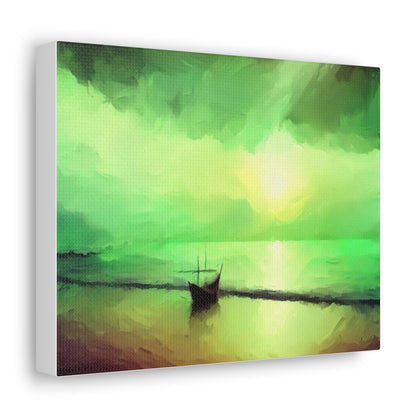 Sailboat Beach, Green Sunset, Beach wall art, sunset art, ocean art, Canvas Gallery Wraps