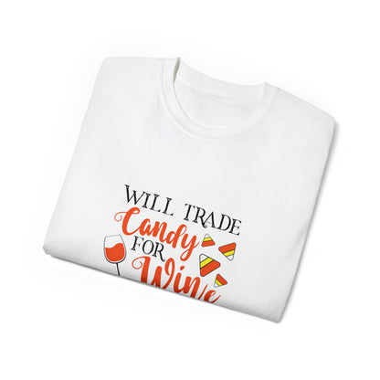 Will Trade Candy For Wine, Halloween Graphic Shirts, Spooky Halloween Shirts, Scary Halloween Shirt Designs, Cute Halloween Graphic Tees, Funny Halloween Shirt Ideas - SaviTraviDesigns