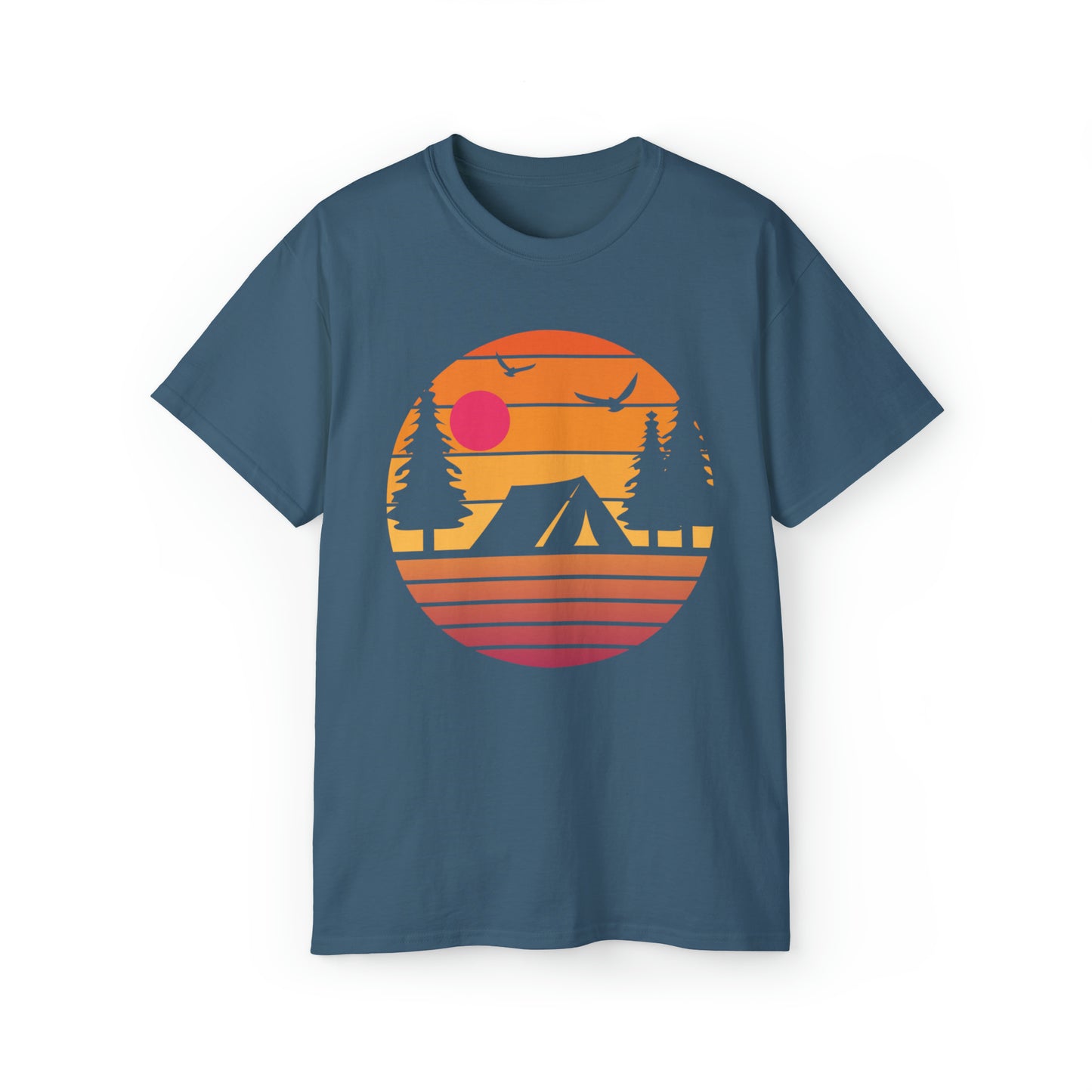 Sunset Camping Silhouette | Hiking & Camping Tee | Nature-Inspired Outdoor Apparel Indigo Blue