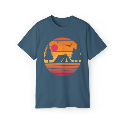 Sunset Camping Silhouette | Hiking & Camping Tee | Nature-Inspired Outdoor Apparel Indigo Blue