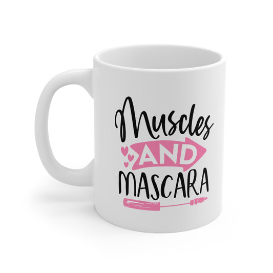 Muscles and Mascara, Personalized Mug Designs, Creative Coffee Cups, Unique Mug Artwork, Printed Coffee Mugs, Artist-Designed Mugs 11oz