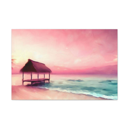 Pink Sunset, Beach Hut, Beach wall art, Sunset art, ocean art, Canvas Gallery Wraps 30" x 20" Premium Gallery Wraps (1.25″)