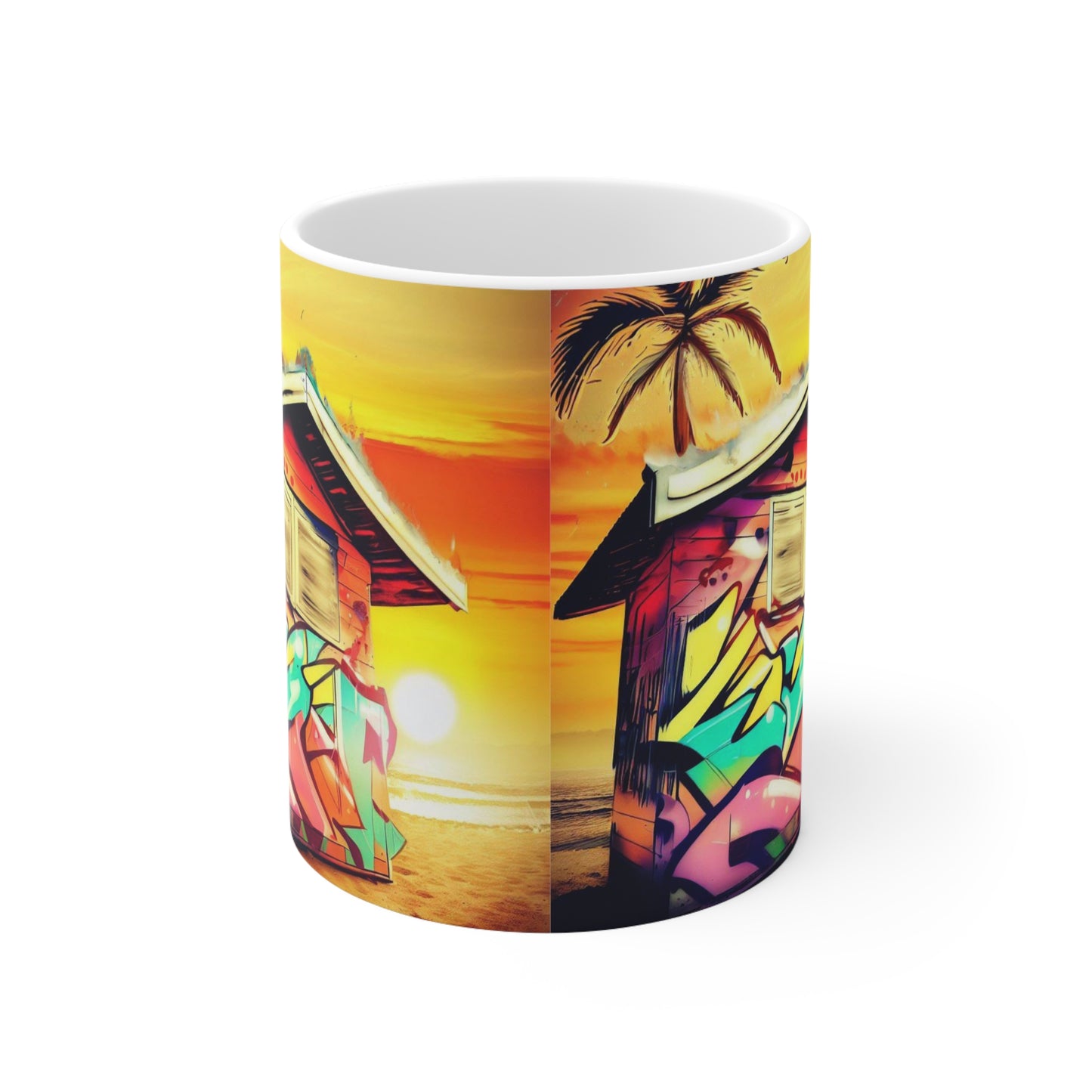 Sunset Hut Mug, Beach Mug, Personalized Mug Designs, Creative Coffee Cups, Unique Mug Artwork, Printed Coffee Mugs, Artist-Designed Mugs