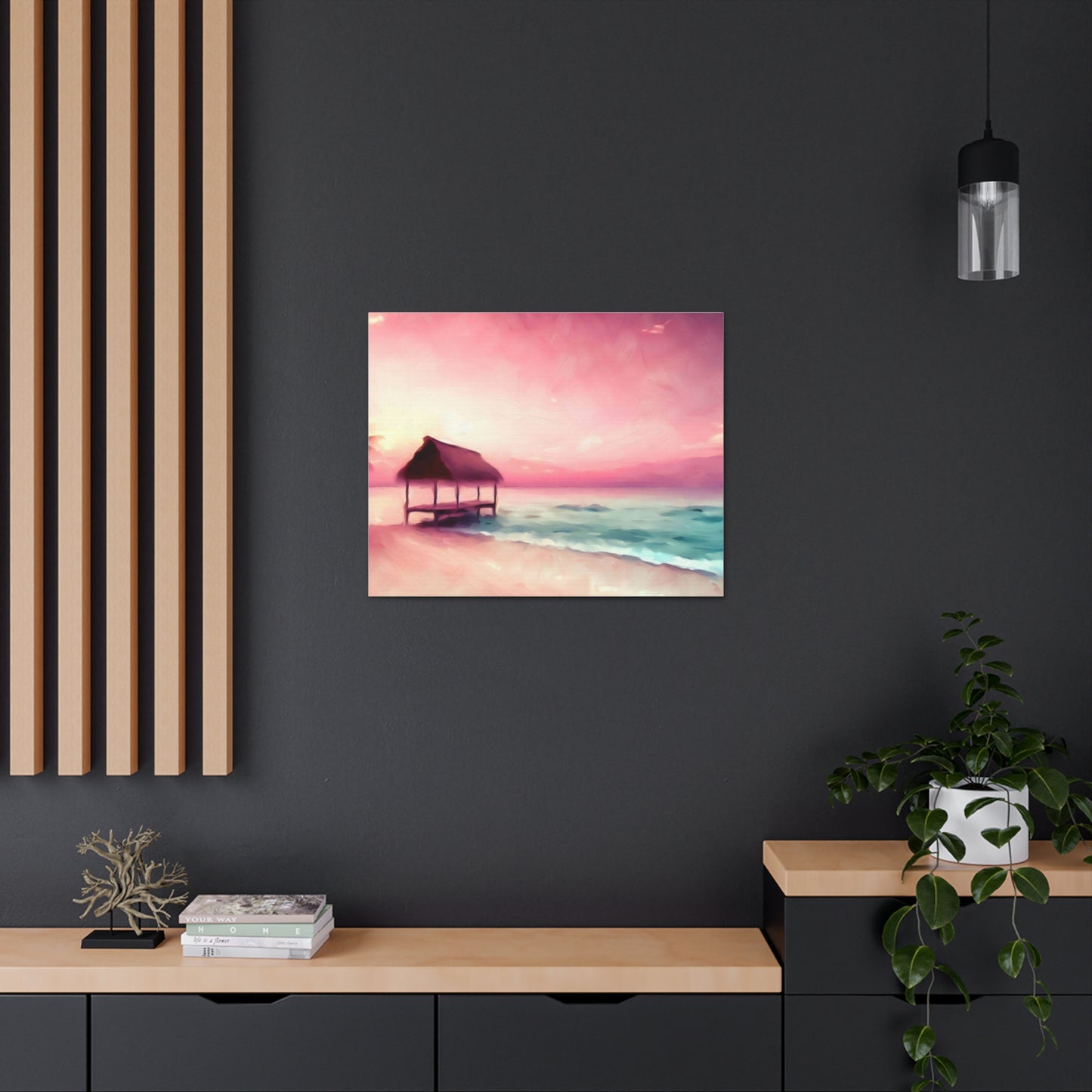 Pink Sunset, Beach Hut, Beach wall art, Sunset art, ocean art, Canvas Gallery Wraps