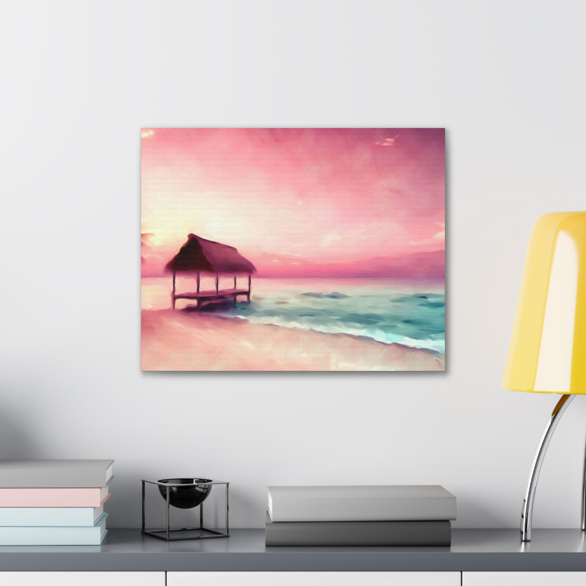 Pink Sunset, Beach Hut, Beach wall art, Sunset art, ocean art, Canvas Gallery Wraps