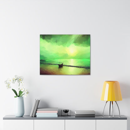 Sailboat Beach, Green Sunset, Beach wall art, sunset art, ocean art, Canvas Gallery Wraps