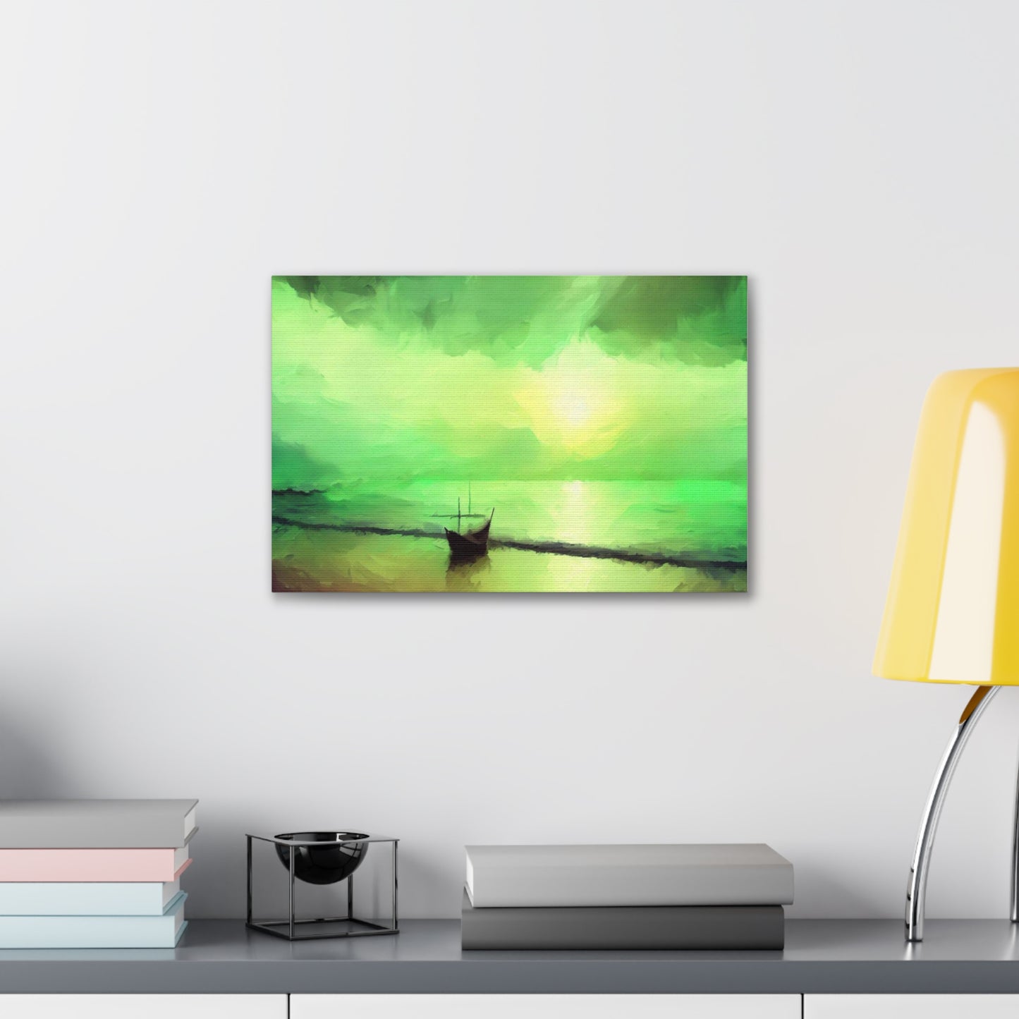 Sailboat Beach, Green Sunset, Beach wall art, sunset art, ocean art, Canvas Gallery Wraps