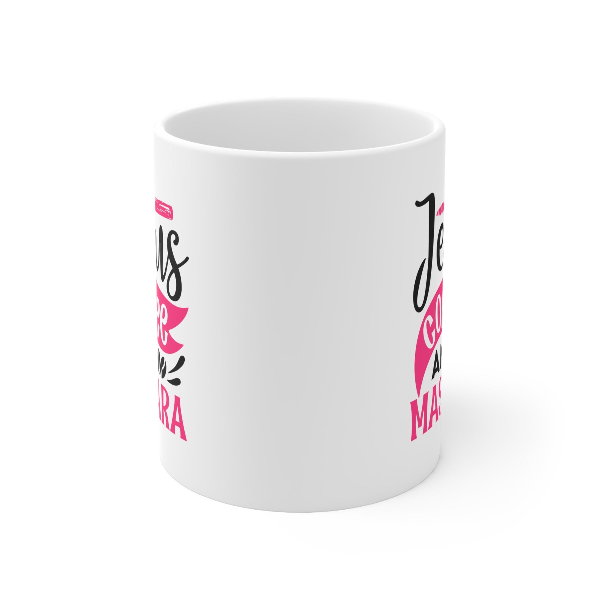 Jesus Coffee and Mascara, Personalized Mug Designs, Creative Coffee Cups, Unique Mug Artwork, Printed Coffee Mugs, Artist-Designed Mugs