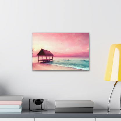 Pink Sunset, Beach Hut, Beach wall art, Sunset art, ocean art, Canvas Gallery Wraps