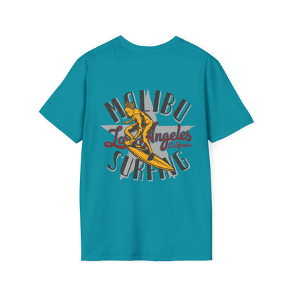 Malibu Surfing, Beachwear Graphics, Tropical T-Shirt Designs, Ocean-Inspired Shirts, Surfing Graphics, Sun and Sand Apparel, Summer Wardrobe Essentials - SaviTraviDesigns