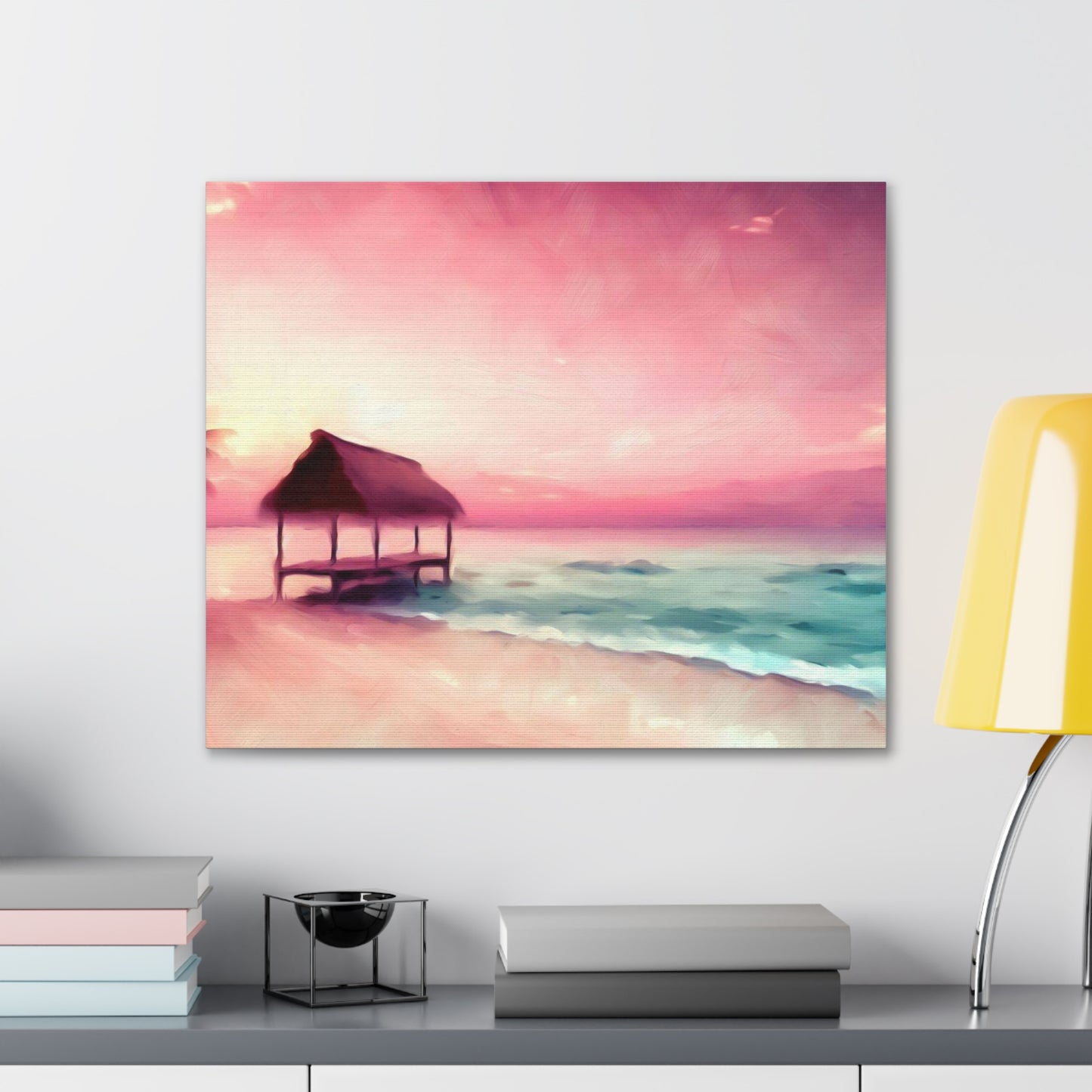 Pink Sunset, Beach Hut, Beach wall art, Sunset art, ocean art, Canvas Gallery Wraps