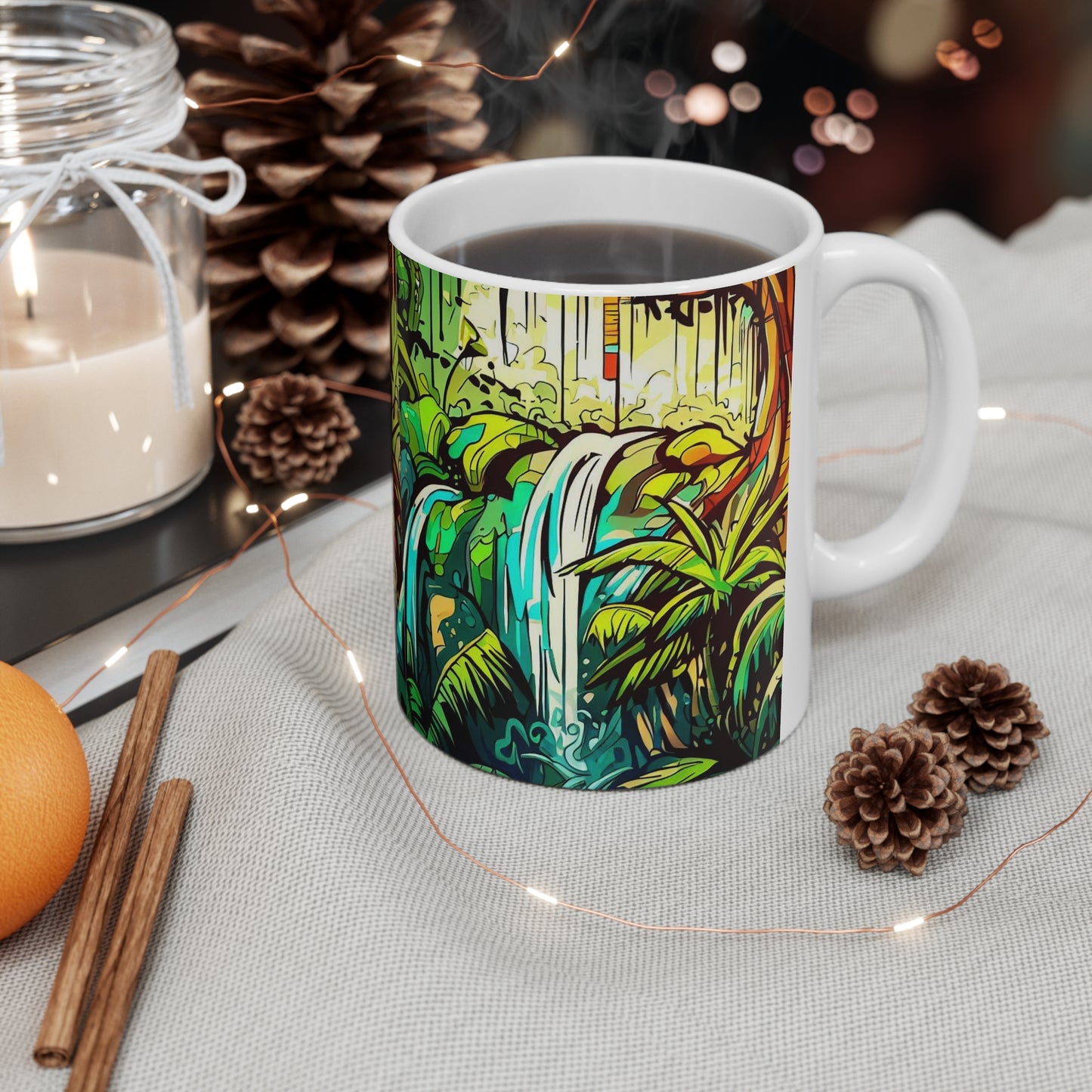 Jungle Waterfall, Personalized Mug Designs, Creative Coffee Cups, Unique Mug Artwork, Printed Coffee Mugs, Artist-Designed Mugs