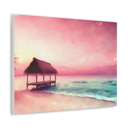 Pink Sunset, Beach Hut, Beach wall art, Sunset art, ocean art, Canvas Gallery Wraps