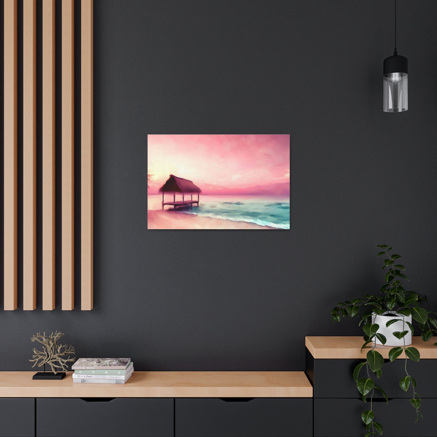 Pink Sunset, Beach Hut, Beach wall art, Sunset art, ocean art, Canvas Gallery Wraps