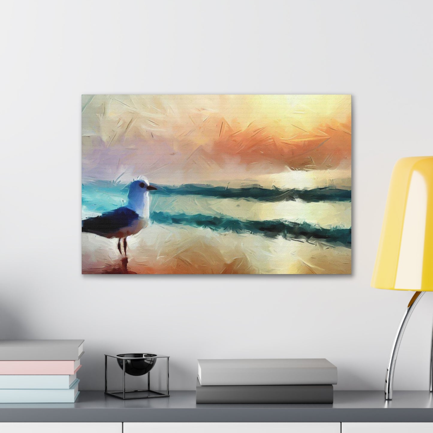 Sunset wall art, beach wall art, ocean art, Canvas Gallery Wraps, Seagull Beach