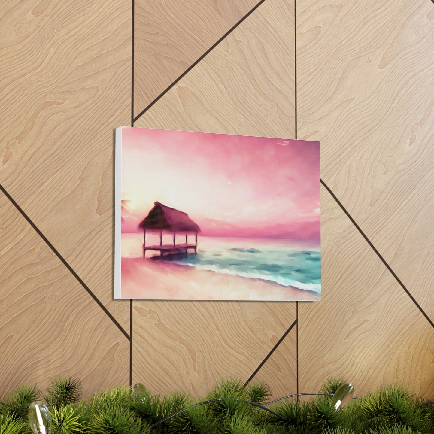 Pink Sunset, Beach Hut, Beach wall art, Sunset art, ocean art, Canvas Gallery Wraps