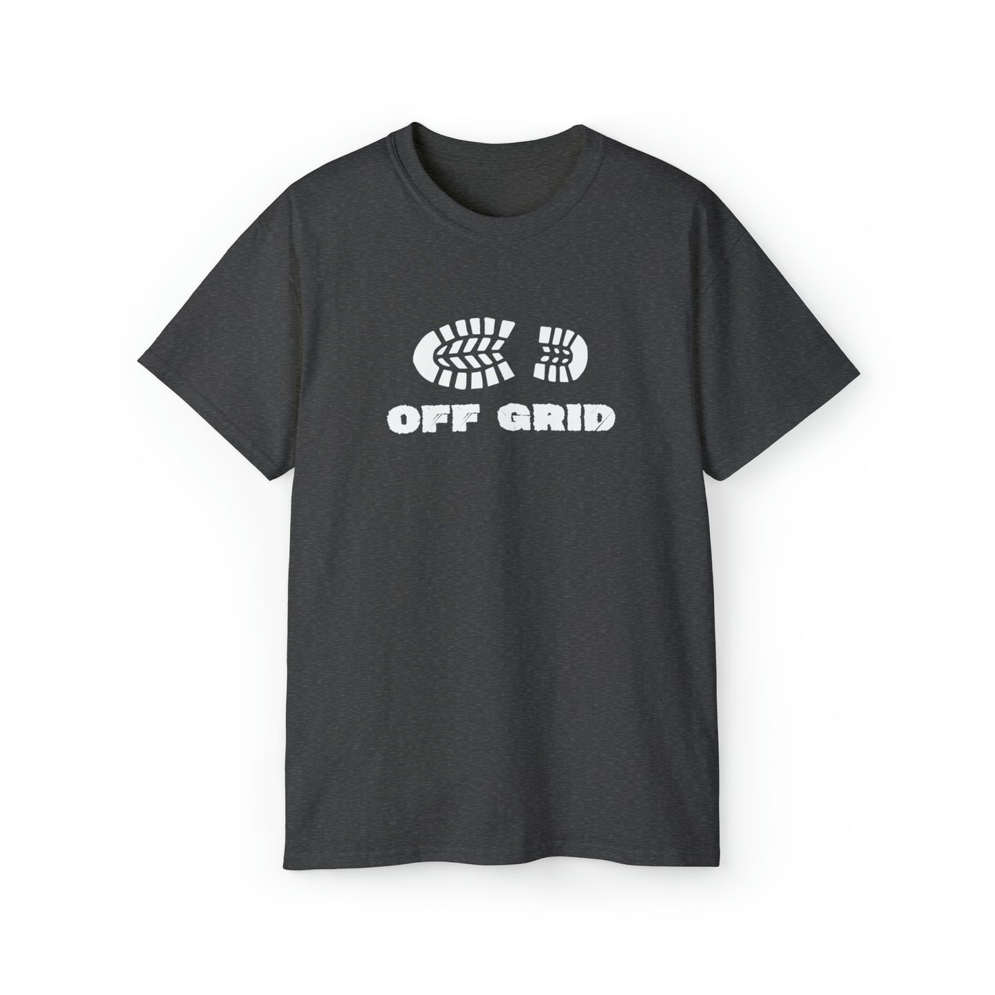 Off Grid Boot Print | Hiking & Camping Tee | Nature-Inspired Outdoor Apparel Dark Heather