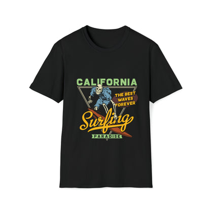 California Surfing Paradise, Beachwear Graphics, Tropical T-Shirt Designs, Ocean-Inspired Shirts, Surfing Graphics, Sun and Sand Apparel, Summer Wardrobe Essentials - SaviTraviDesigns