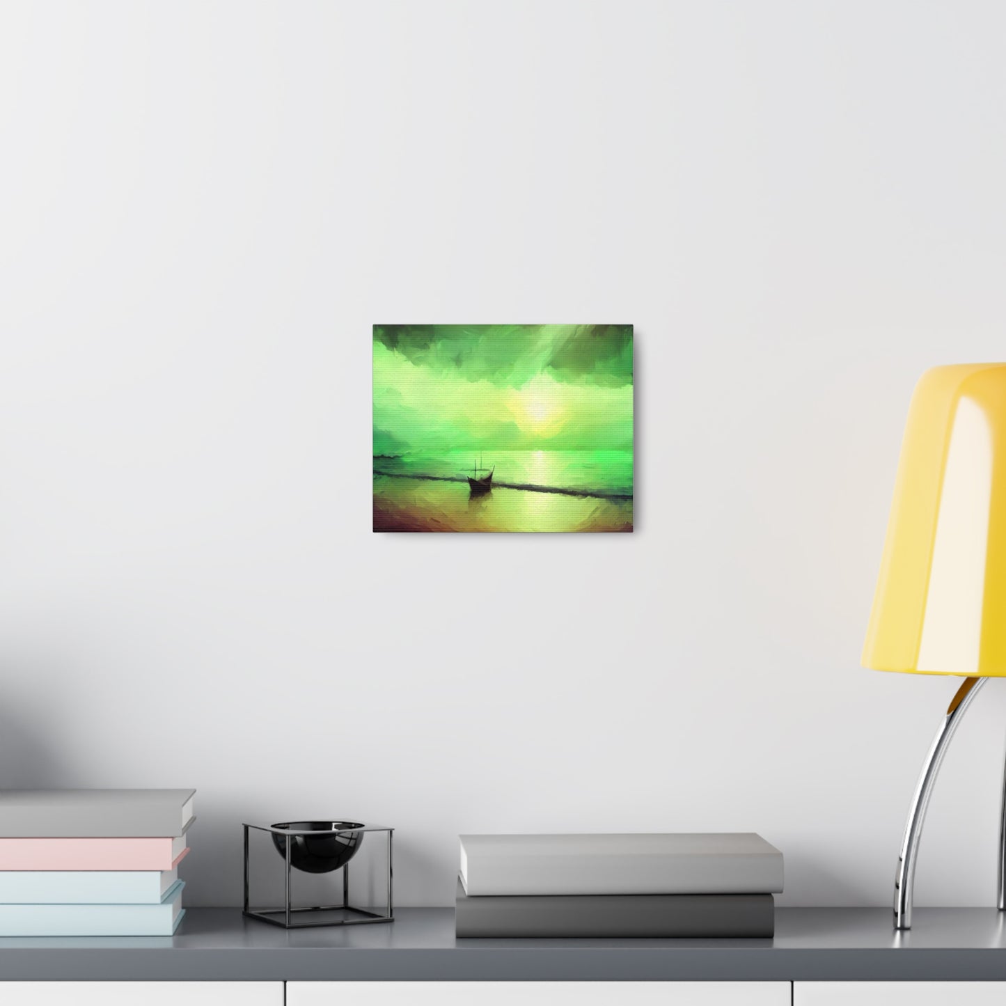 Sailboat Beach, Green Sunset, Beach wall art, sunset art, ocean art, Canvas Gallery Wraps