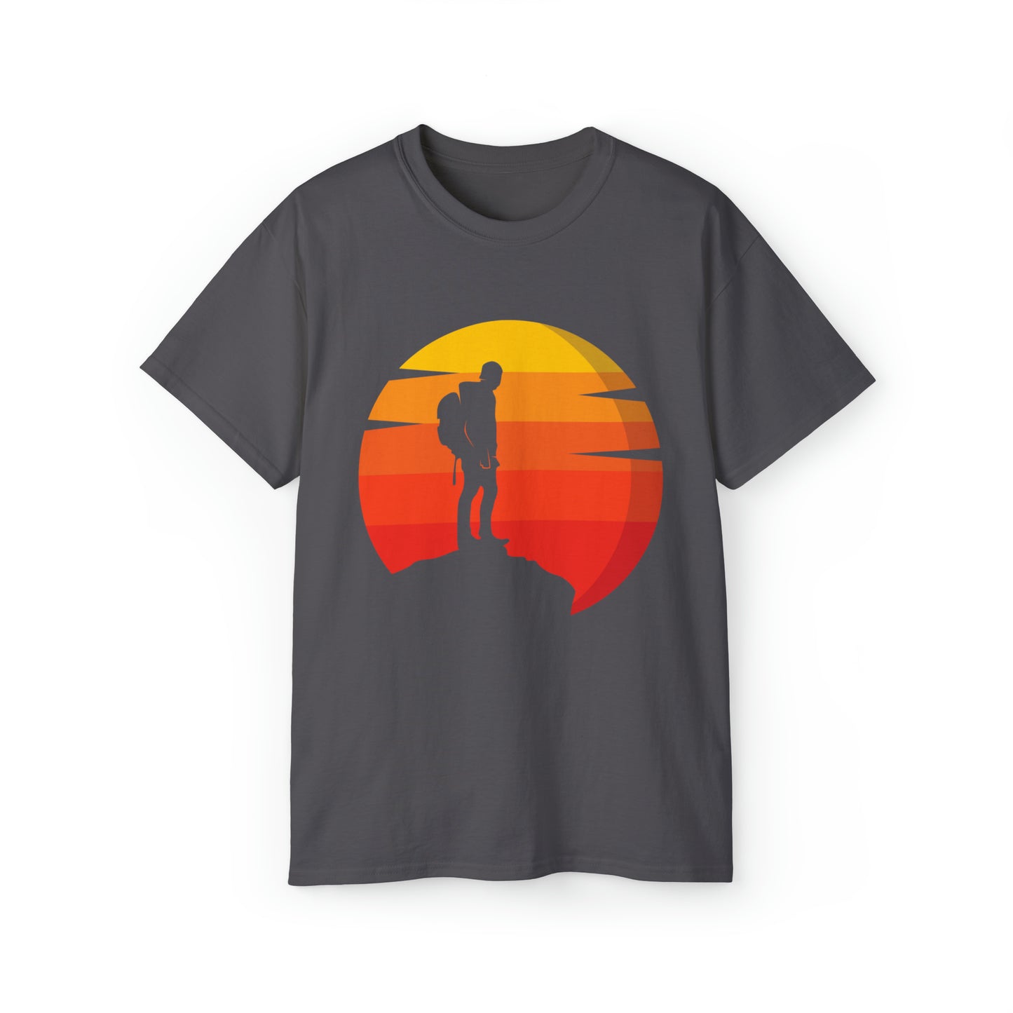 Hiker Sunset Silhouette | Hiking & Camping Tee | Nature-Inspired Outdoor Apparel Charcoal