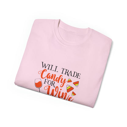 Will Trade Candy For Wine, Halloween Graphic Shirts, Spooky Halloween Shirts, Scary Halloween Shirt Designs, Cute Halloween Graphic Tees, Funny Halloween Shirt Ideas - SaviTraviDesigns