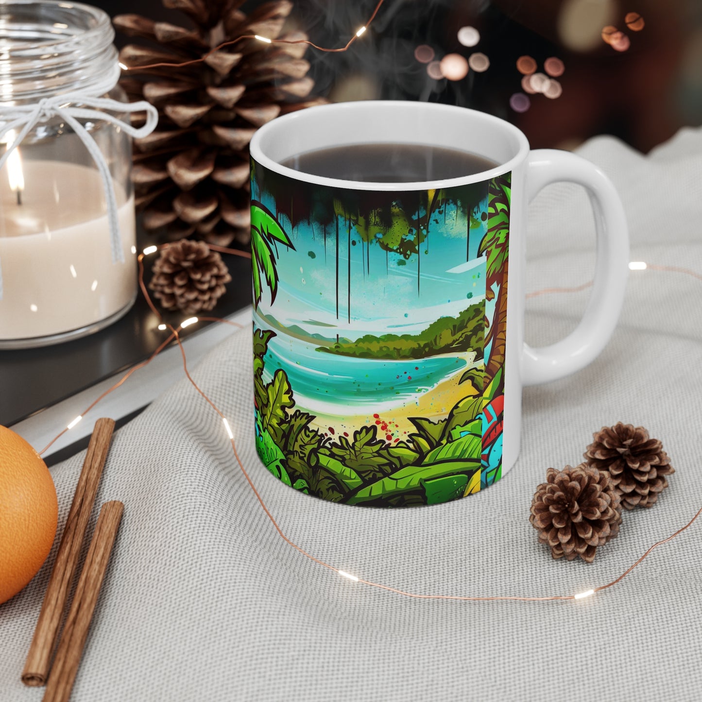 Beach Mug, Graffiti Mug, Personalized Mug Designs, Creative Coffee Cups, Unique Mug Artwork, Printed Coffee Mugs, Artist-Designed Mugs