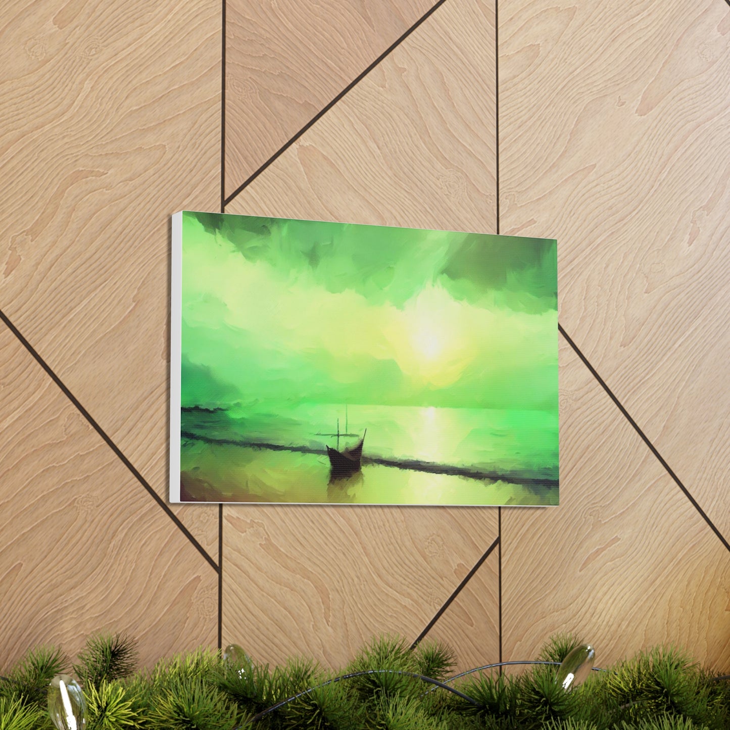 Sailboat Beach, Green Sunset, Beach wall art, sunset art, ocean art, Canvas Gallery Wraps