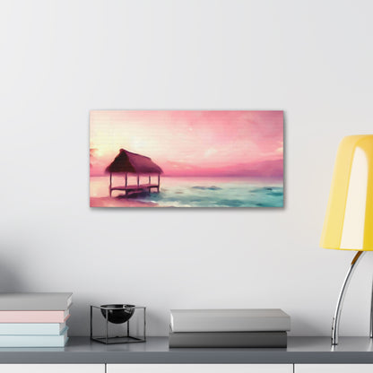 Pink Sunset, Beach Hut, Beach wall art, Sunset art, ocean art, Canvas Gallery Wraps