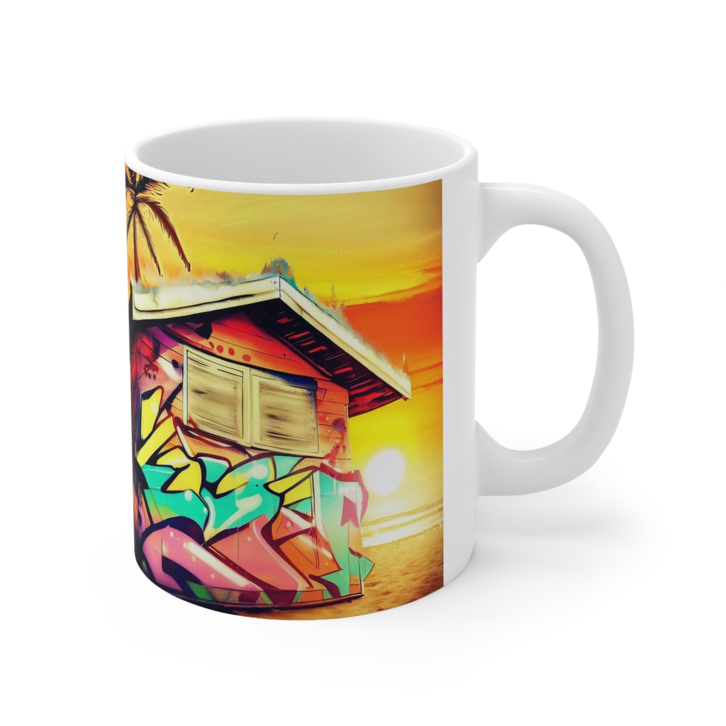 Sunset Hut Mug, Beach Mug, Personalized Mug Designs, Creative Coffee Cups, Unique Mug Artwork, Printed Coffee Mugs, Artist-Designed Mugs