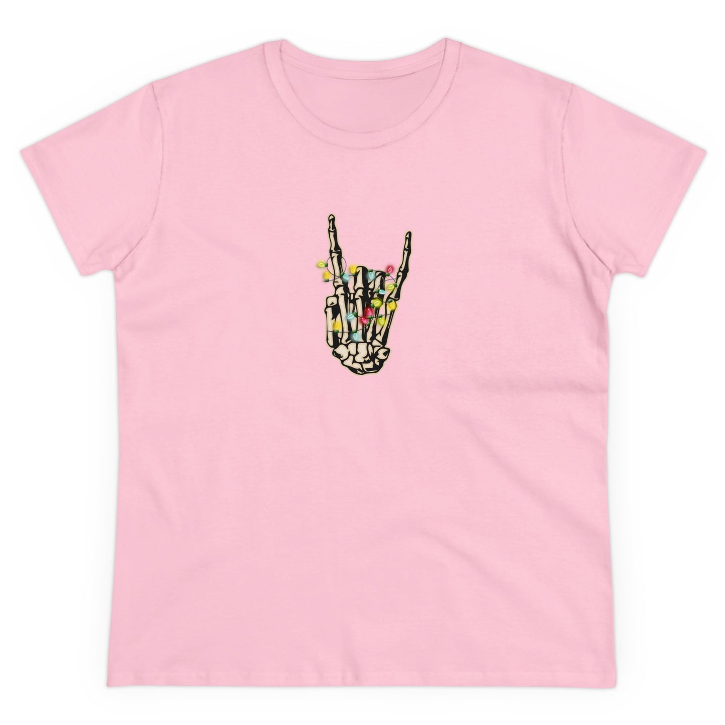 Christmas Lights, Skeleton Hand, Christmas Graphic Shirts, Festive Holiday T-Shirts, Ugly Christmas Sweater Tees, Funny Christmas Shirt Designs, Cute Xmas Graphic Tees Light Pink