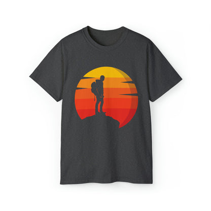 Hiker Sunset Silhouette | Hiking & Camping Tee | Nature-Inspired Outdoor Apparel Dark Heather