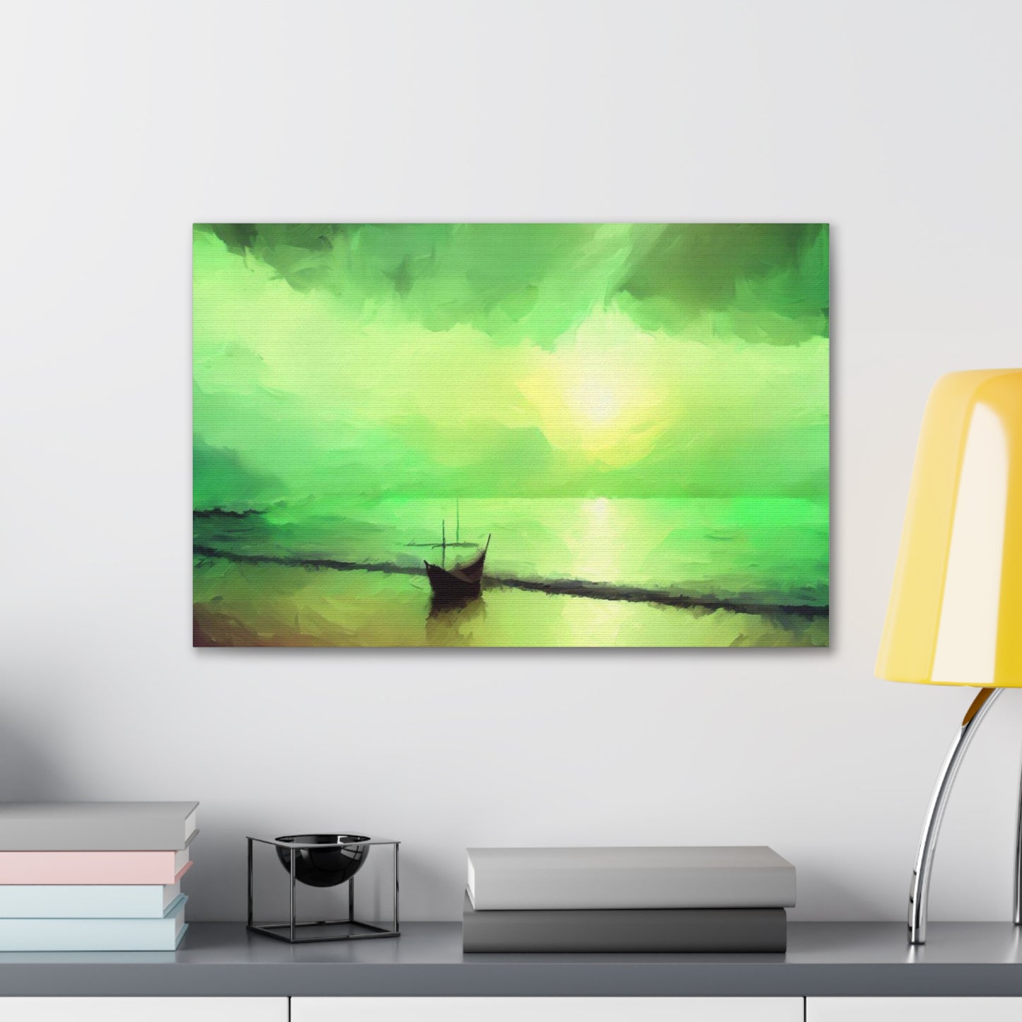 Sailboat Beach, Green Sunset, Beach wall art, sunset art, ocean art, Canvas Gallery Wraps