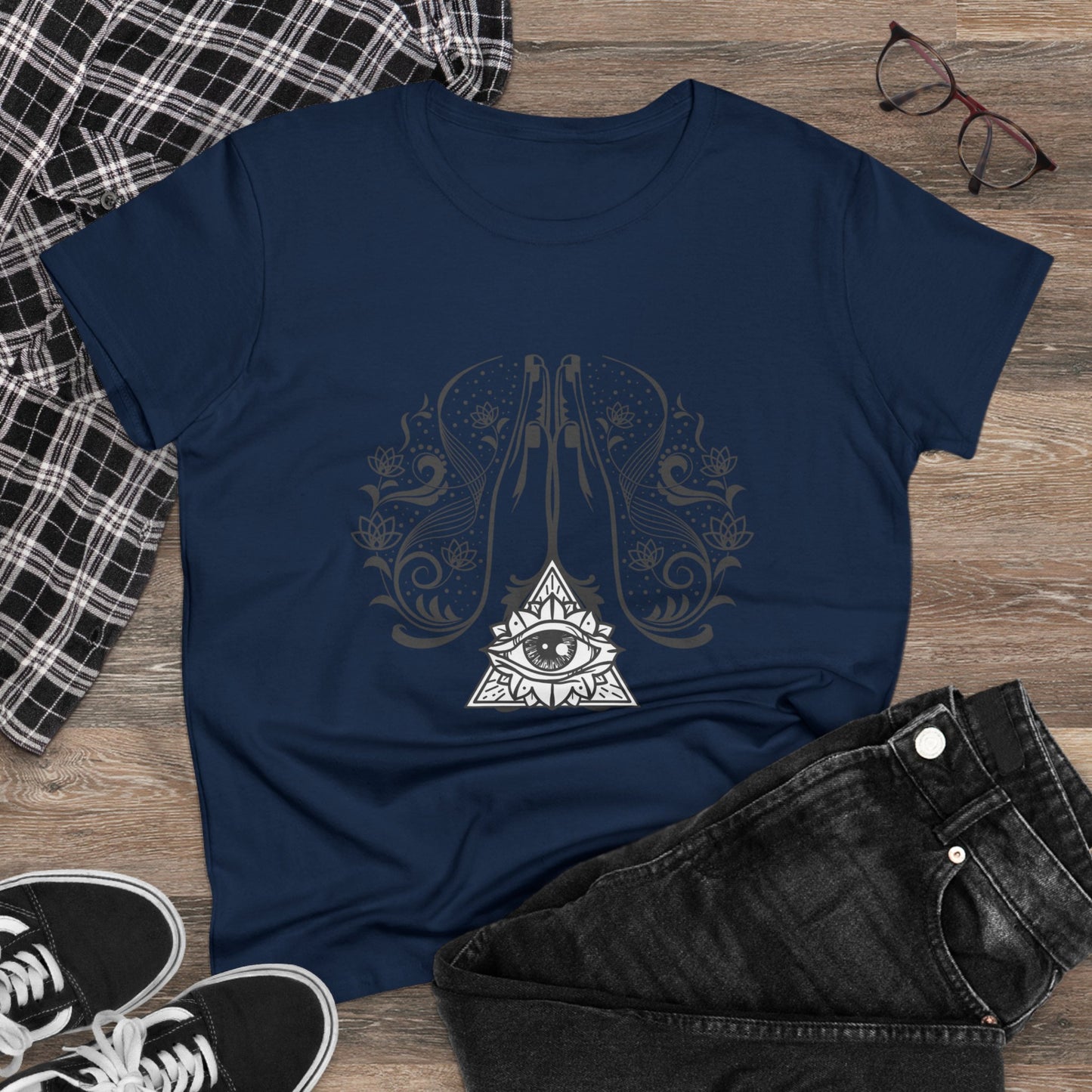 Meditation T-Shirts, Yoga Graphic Tees, Mindfulness Apparel, Zen T-Shirts, Spiritual Shirts, Chakra Tees, Womens T-Shirt Navy