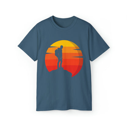 Hiker Sunset Silhouette | Hiking & Camping Tee | Nature-Inspired Outdoor Apparel Indigo Blue