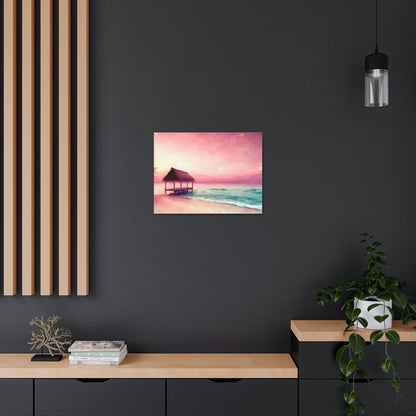 Pink Sunset, Beach Hut, Beach wall art, Sunset art, ocean art, Canvas Gallery Wraps