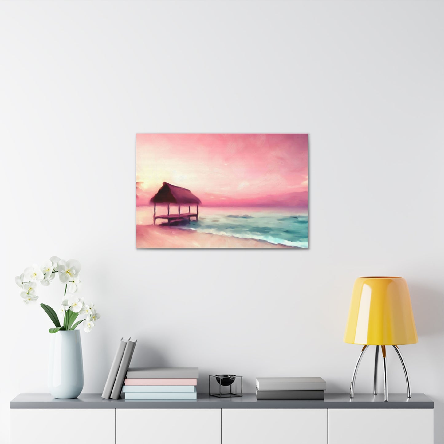 Pink Sunset, Beach Hut, Beach wall art, Sunset art, ocean art, Canvas Gallery Wraps