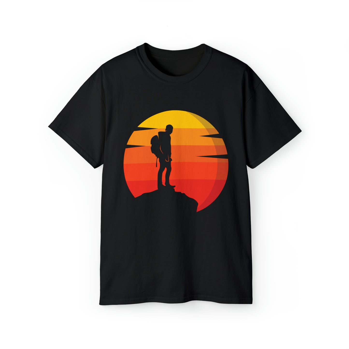 Hiker Sunset Silhouette | Hiking & Camping Tee | Nature-Inspired Outdoor Apparel Black