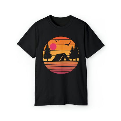 Sunset Camping Silhouette | Hiking & Camping Tee | Nature-Inspired Outdoor Apparel Black