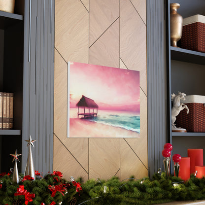 Pink Sunset, Beach Hut, Beach wall art, Sunset art, ocean art, Canvas Gallery Wraps