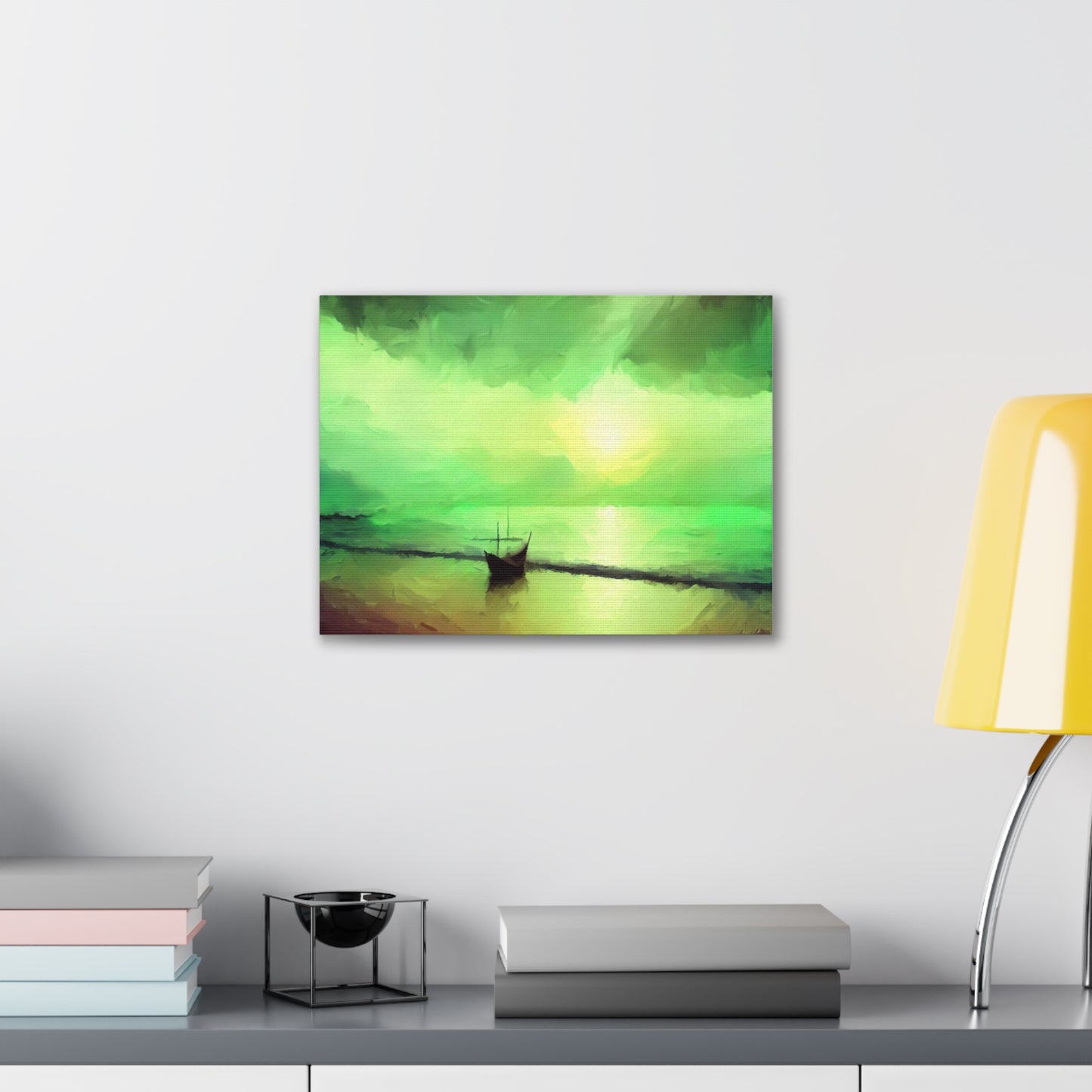 Sailboat Beach, Green Sunset, Beach wall art, sunset art, ocean art, Canvas Gallery Wraps