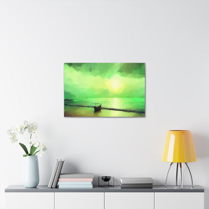 Sailboat Beach, Green Sunset, Beach wall art, sunset art, ocean art, Canvas Gallery Wraps