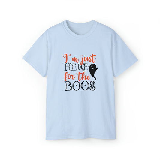 I'm Just Here for the Boos, Halloween Graphic Shirts, Spooky Halloween Shirts, Scary Halloween Shirt Designs, Cute Halloween Graphic Tees, Funny Halloween Shirt Ideas Light Blue