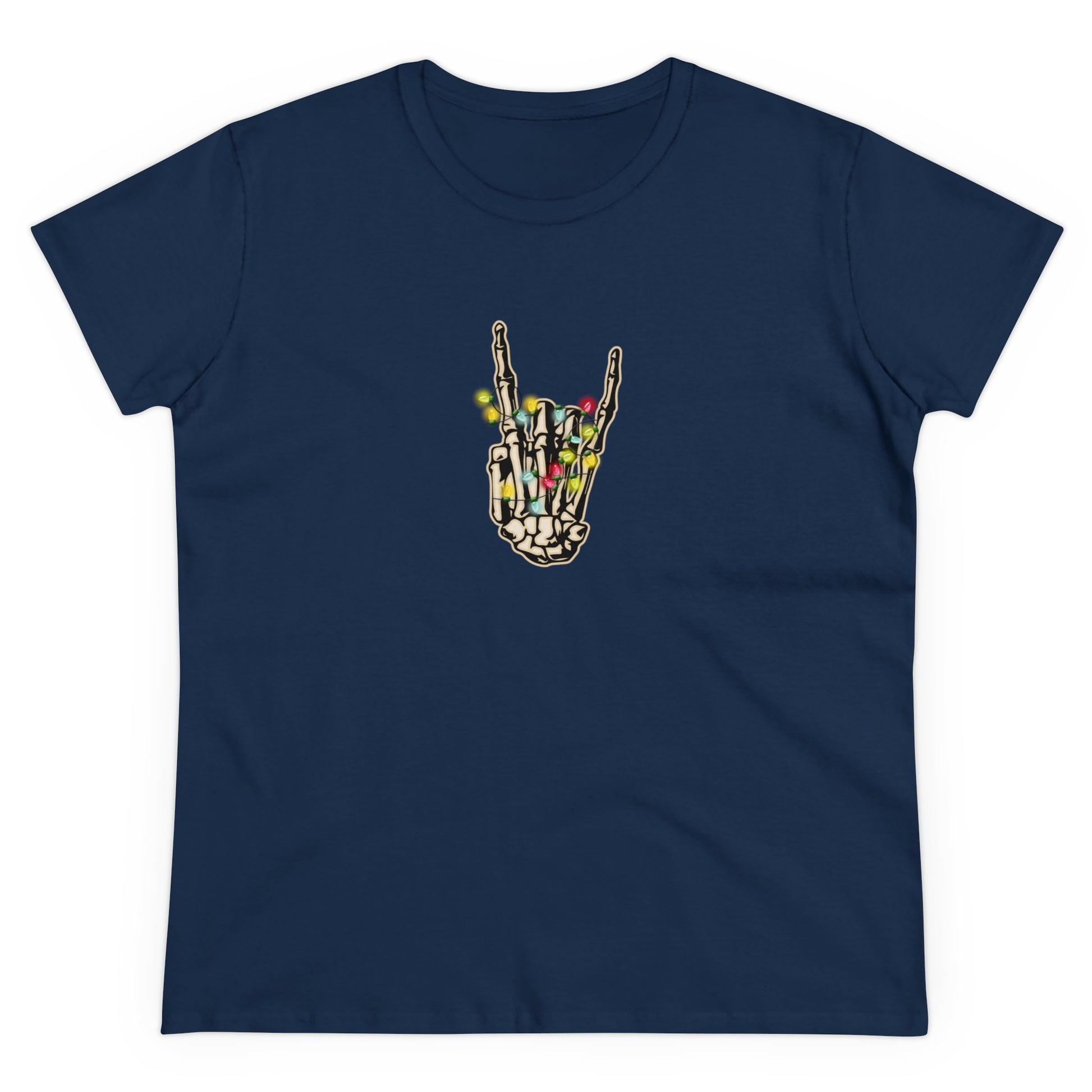 Christmas Lights, Skeleton Hand, Christmas Graphic Shirts, Festive Holiday T-Shirts, Ugly Christmas Sweater Tees, Funny Christmas Shirt Designs, Cute Xmas Graphic Tees Navy