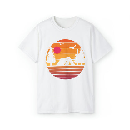 Sunset Camping Silhouette | Hiking & Camping Tee | Nature-Inspired Outdoor Apparel White